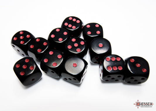 Opaque Black/red 16mm d6 Dice Block (12 dice)
