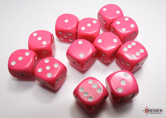 Opaque Pink/white 16mm d6 Dice Block (12 dice)