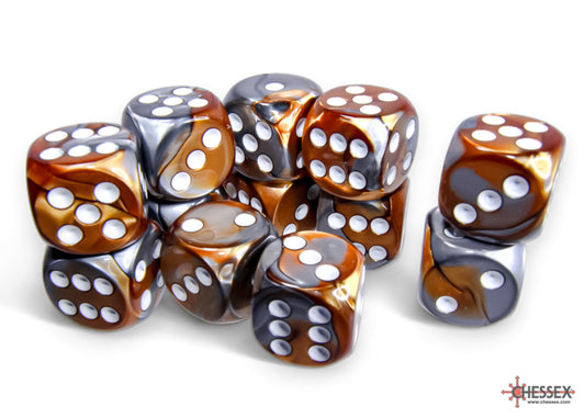 Gemini Copper-Steel/white 16mm d6 Dice Block (12 dice)