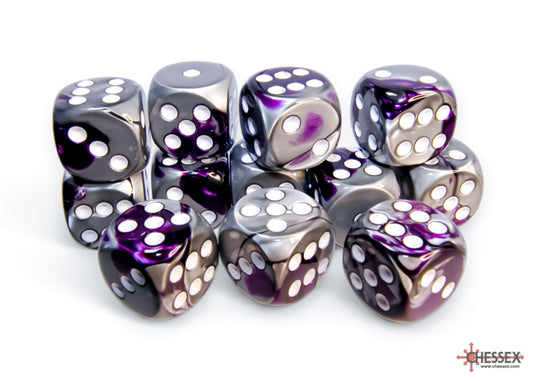 Gemini Purple-Steel/white 16mm d6 Dice Block (12 dice)