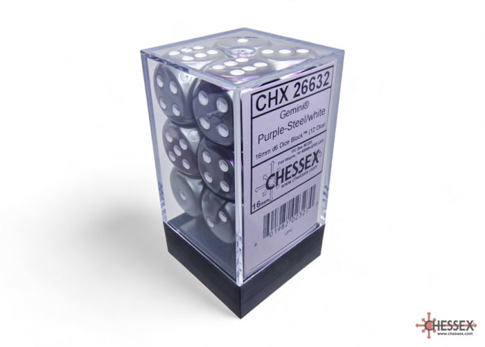 Gemini Purple-Steel/white 16mm d6 Dice Block (12 dice)