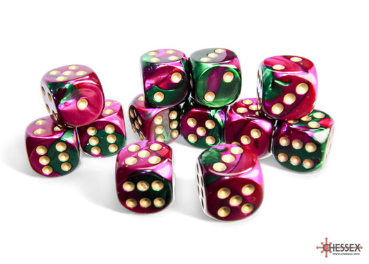 Gemini Green-Purple/gold 16mm d6 Dice Block (12 dice)