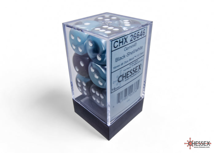 Gemini Black-Shell/white 16mm d6 Dice Block (12 dice)