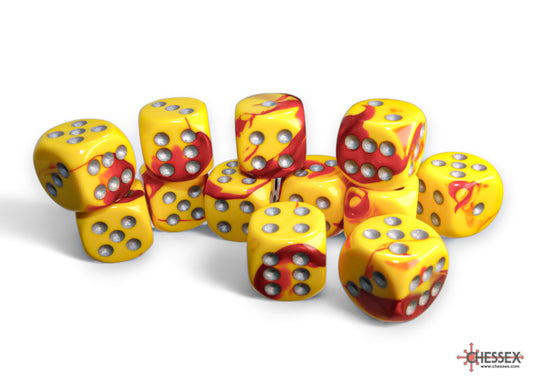 Gemini Red-Yellow/silver 16mm d6 Dice Block (12 dice)