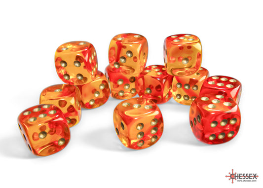 Gemini Translucent Red-Yellow/gold 16mm d6 Dice Block (12 dice)