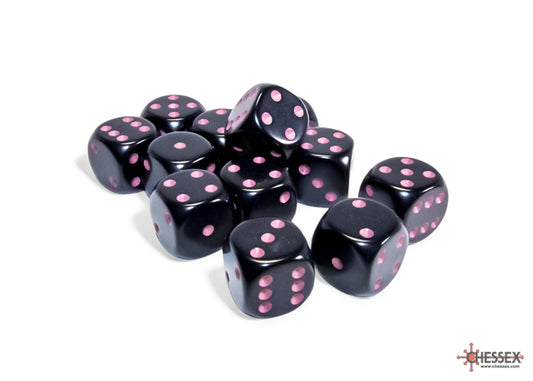 Opaque Black/pink 16mm d6 Dice Block (12 dice)