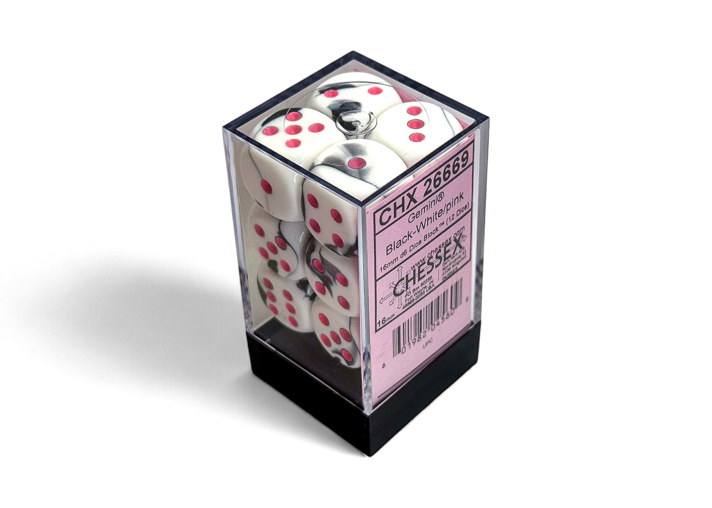 Gemini Black-White/pink 16mm d6 Dice Block (12 dice)