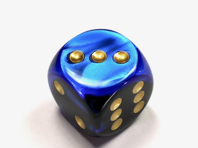 Gemini Black-Blue/gold 20mm d6 dice w/pips (Single Die)