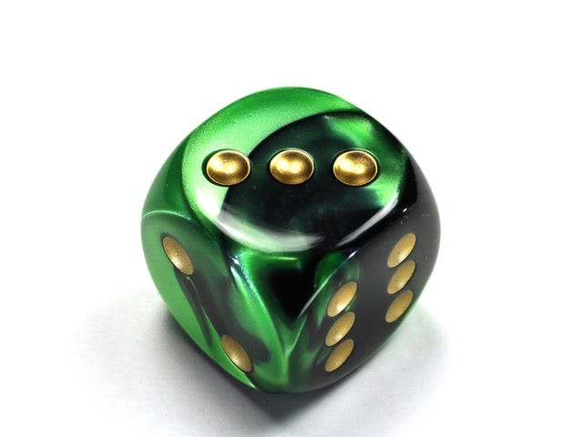 Gemini Black-Green/gold 20mm d6 dice w/pips (Single Die)