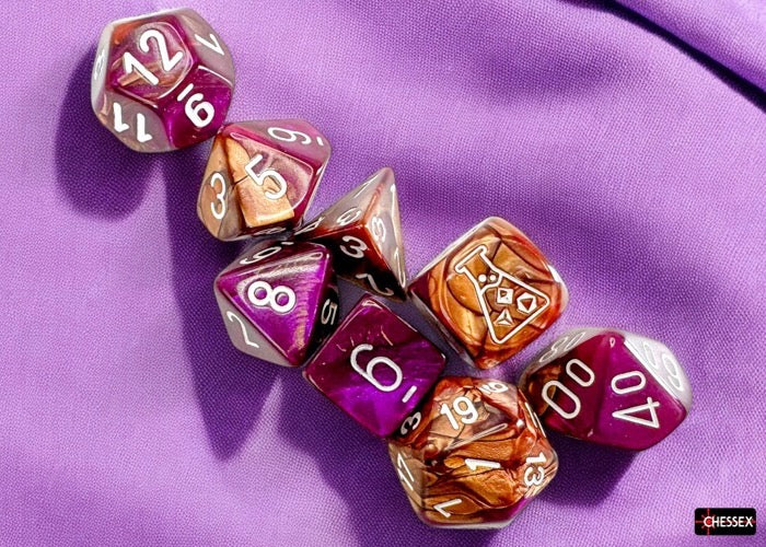 Gemini Copper-Purple/white Polyhedral Dice Set