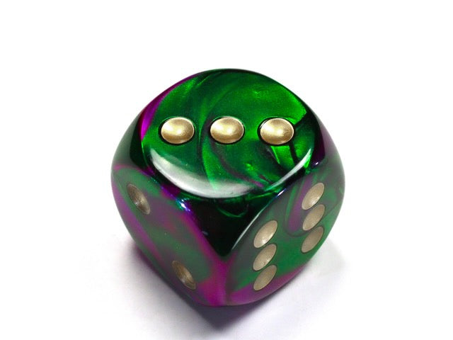 Gemini Green-Purple/gold 20mm d6 dice w/pips (Single Die)
