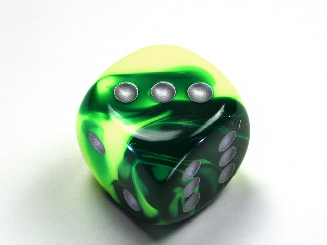 Gemini Green-Yellow/silver 20mm d6 dice w/pips (Single Die)