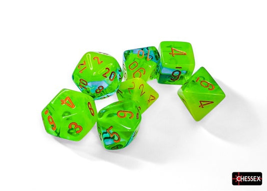 CHX26470: Gemini Plasma Green-Teal/orange Luminary Polyhedral 7-Dice Set