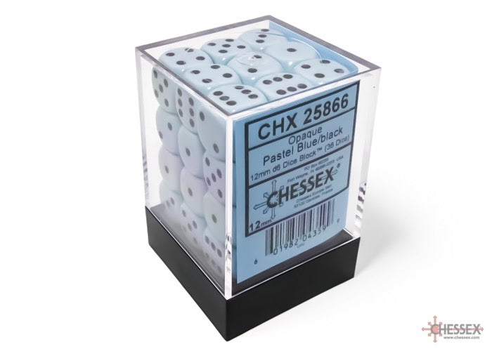 CHX25866: Opaque Pastel Blue/black 12mm d6 Dice Block (36 dice)