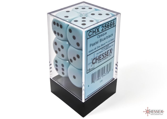 CHX25666: Opaque Pastel Blue/black 16mm d6 Dice Block (12 dice)