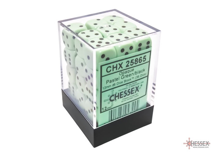 CHX25865: Opaque Pastel Green/black 12mm d6 Dice Block (36 dice)
