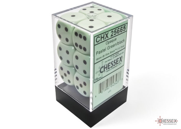 CHX25665: Opaque Pastel Green/black 16mm d6 Dice Block (12 dice)