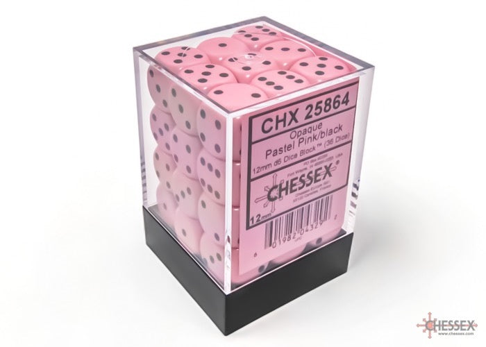 CHX25864: Opaque Pastel Pink/black 12mm d6 Dice Block (36 dice)