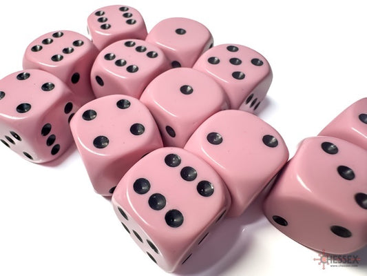 Opaque Pastel Pink/black 16mm d6 Dice Block (12 dice)