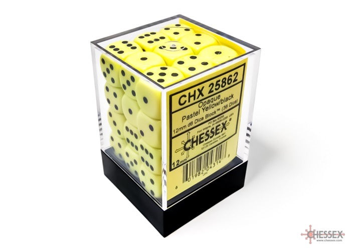 CHX25862: Opaque Pastel Yellow/black 12mm d6 Dice Block (36 dice)