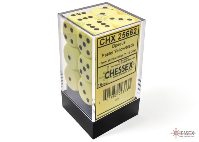 CHX25662: Opaque Pastel Yellow/black 16mm d6 Dice Block (12 dice)