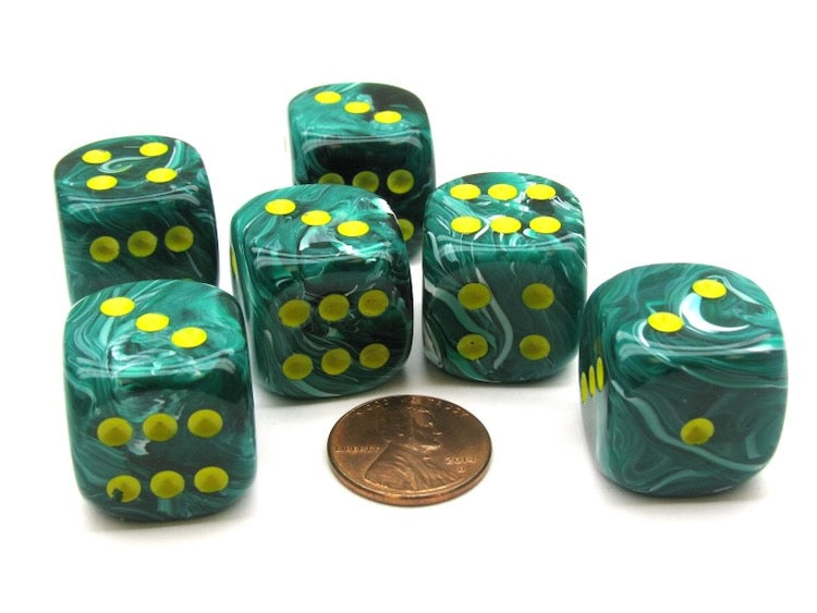 Vortex Malachite/yellow 20mm d6 dice w/pips (Single Die)