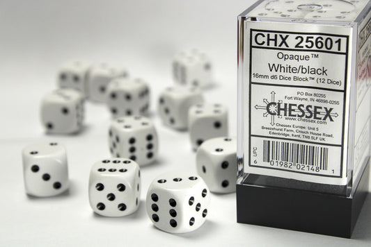 CHX25601: Opaque White/Black 16mm d6 (12 Dice)