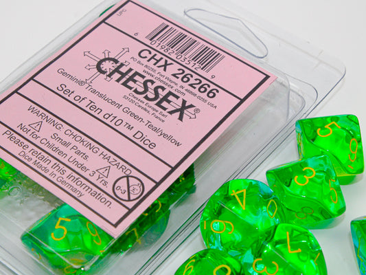 CHX26266: Gemini Translucent Green-Teal/yellow Set of Ten d10's