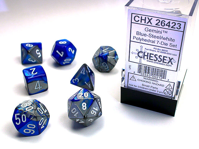 CHX26423: Gemini Blue-Steel/White Polyhedral 7 Dice Set