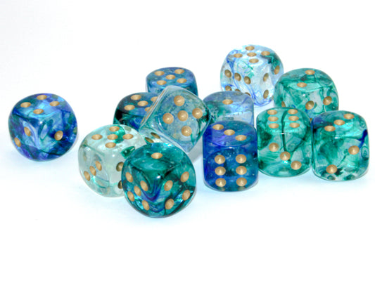 Luminary Nebula Oceanic/gold 16mm d6 Dice Block (12 Dice)