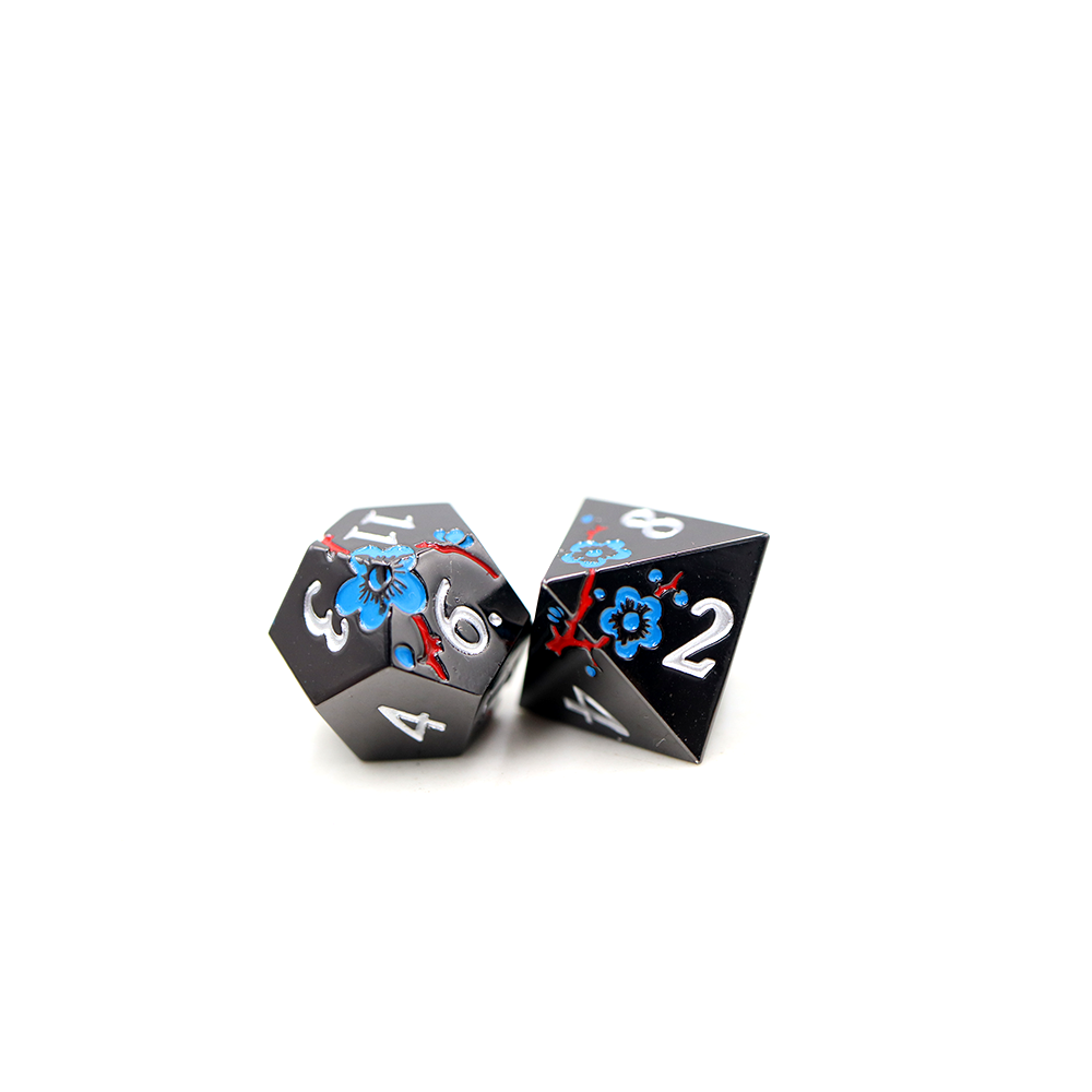 Red and Blue Blossom Shiny Black Metal Dice Set