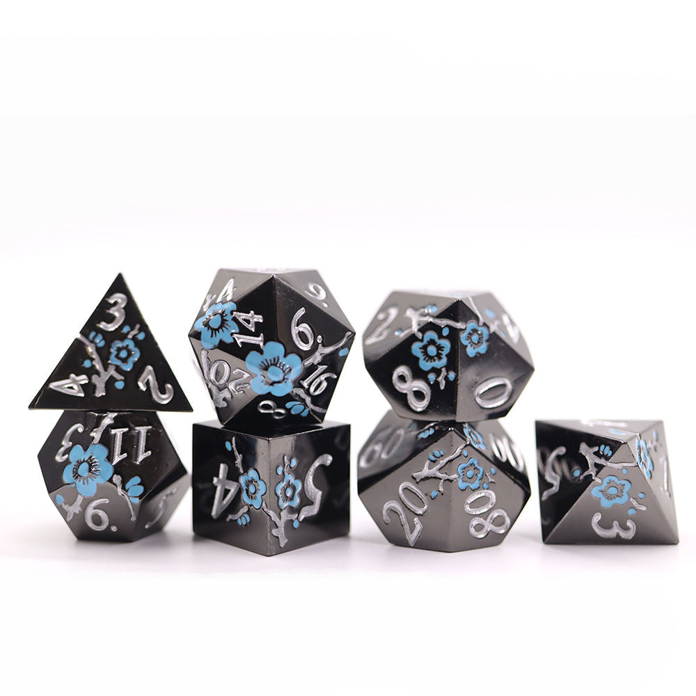 Blue and White Blossom Shiny Black Metal Dice Set – Behold Games