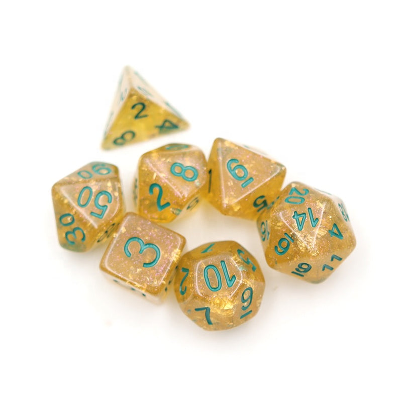 Yellow Glitter and Gold Foil with Green Ink Dice Set