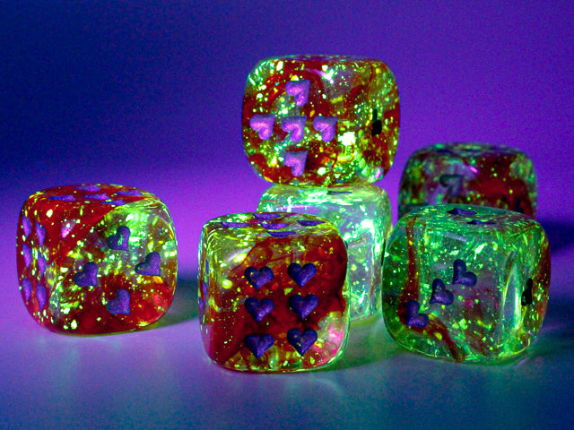 Single D6 16mm w/Heart pips: Nebula Red/silver Luminary