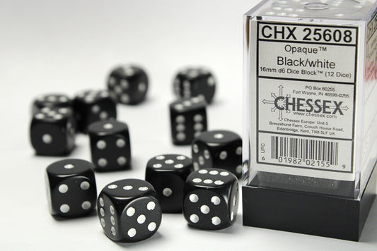 CHX25608: Opaque Black/white 16mm d6 Dice Block (12 dice)