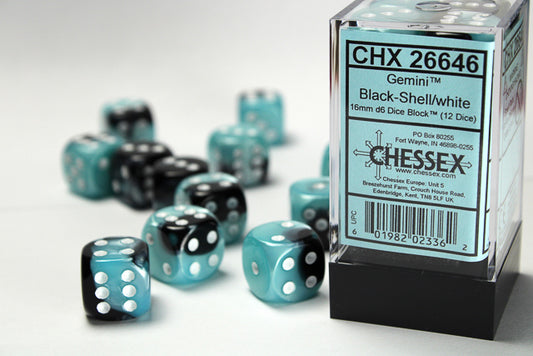 CHX26646: Gemini Black-Shell/white 16mm d6 Dice Block (12 dice)