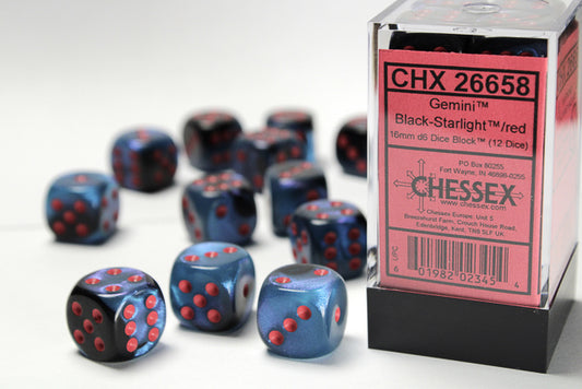 CHX26658: Gemini Black-Starlight/red 16mm d6 Dice Block (12 dice)