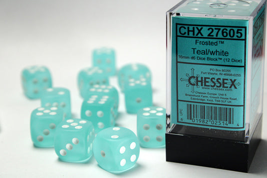 CHX27605: Frosted Teal/white 16mm d6 Dice Block (12 dice)