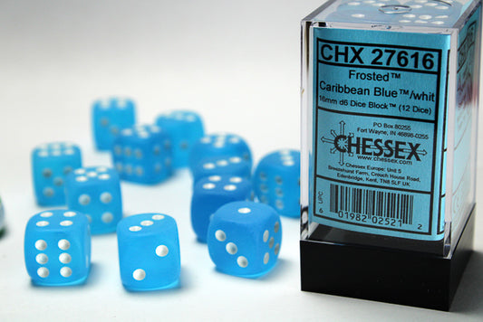 CHX27616: Frosted Caribbean Blue/white 16mm d6 Dice Block (12 dice)