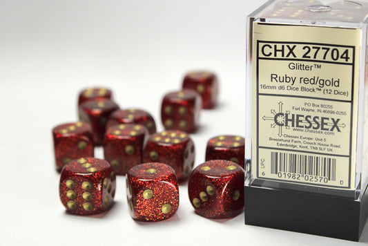 CHX27704: Glitter Ruby/Gold 16mm D6 (12 block) Dice Set