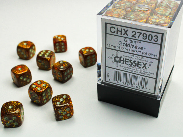 CHX27903: Glitter Gold/silver 12mm d6 Dice Block (36 dice)