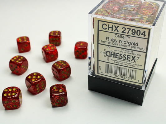 CHX27904: Glitter Ruby/gold 12mm d6 Dice Block (36 dice)