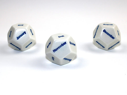 12 Months Blue/White 28mm Dice (Single D12)