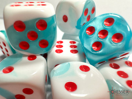 Limited Edition Gemini Teal-White/red 16mm d6 Dice Block (12 dice)
