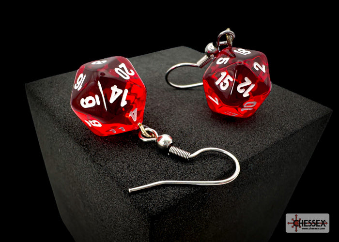 Hook Earrings Pair of Translucent Red Mini D20s