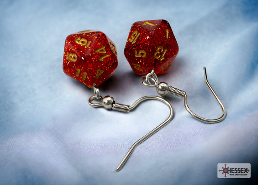 Hook Earrings Pair of Glitter Ruby Mini D20s