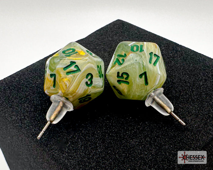 Stud Earrings Pair of Marble Green Mini D20s
