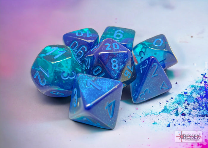 Gemini Blue-Blue/light blue Luminary Polyhedral 7 Dice Set