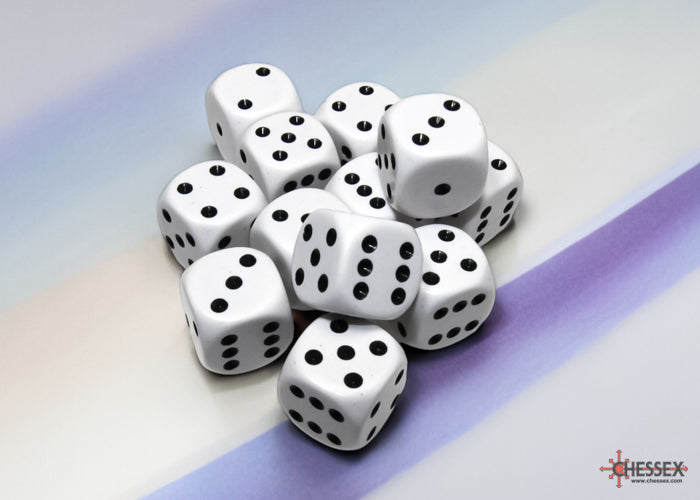 Opaque White/black 16mm d6 Dice Block (12 dice)