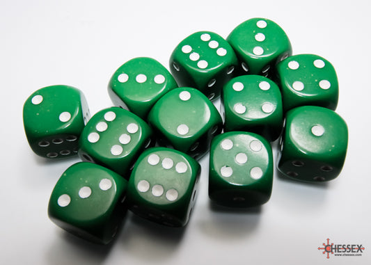 Opaque Green/white 16mm d6 Dice Block (12 dice)